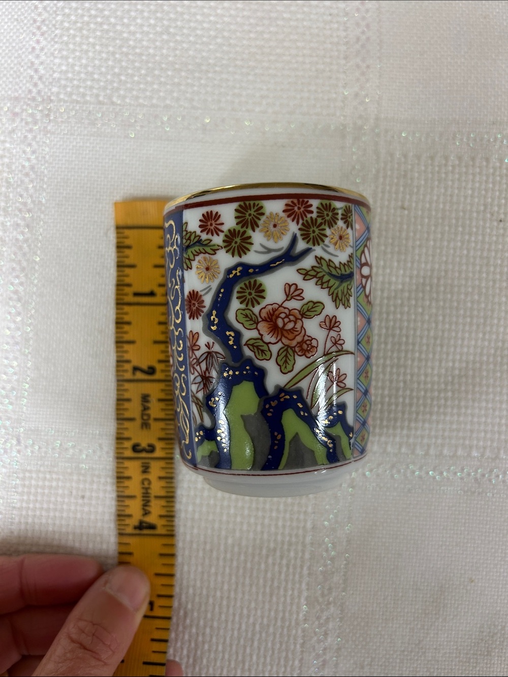 Porcelain Floral Kutani-Style Sake Cups - Blue and Gold (Set of 4) image 4